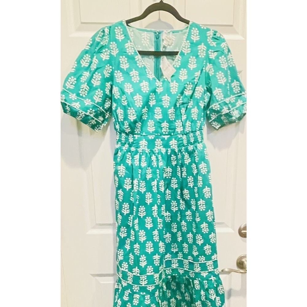 NWT J.Crew Factory Size 10 Block-print Puff-sleeve Midi Dress Green #61